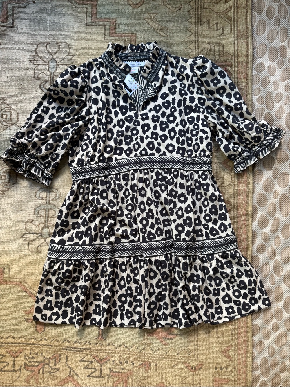 Gretchen Scott Designs Black and Cream cheetah print Tiered Mini Dress NWT